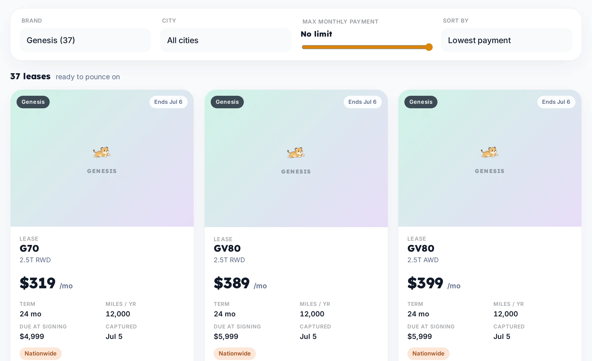 LeaseCheetah lease browser showing Genesis lease offers with filters and deal cards