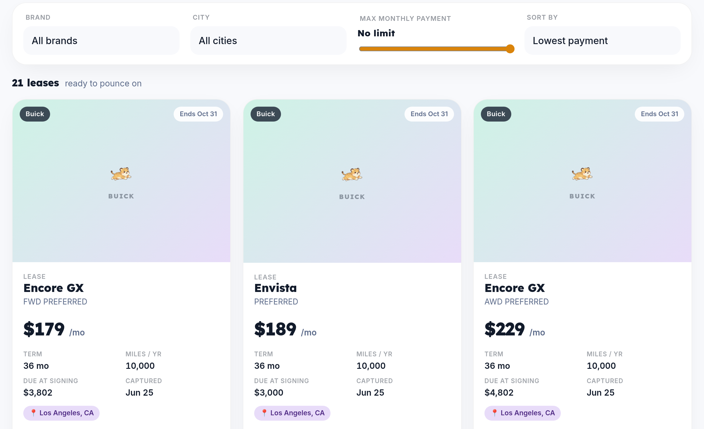 LeaseCheetah lease browser showing filters and a grid of lease deal cards